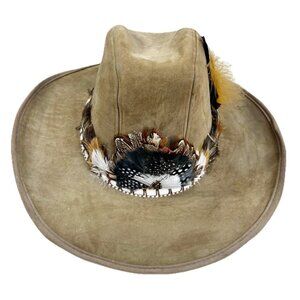 VTG Western Cowboy Hat Large Men Tan Felt Feather Band Yellowstone USA Made GUC